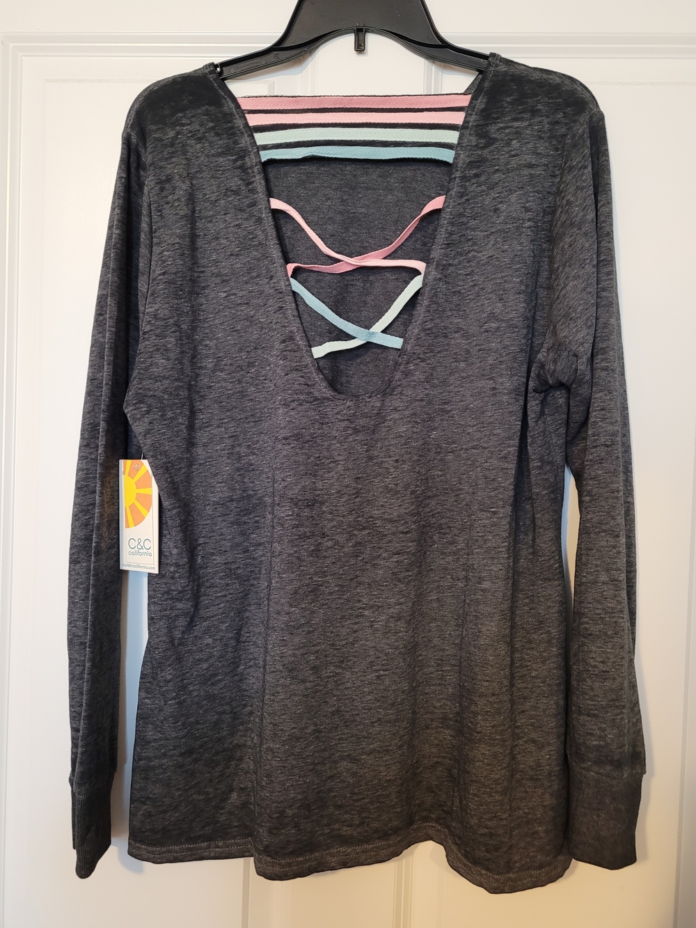 C&C California Charcoal Long Sleeve Top with Pink and Mint Back Strap Detail NWT